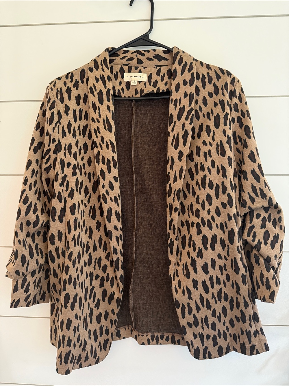eesome Tan and Black Leopard-Print Open Blazer